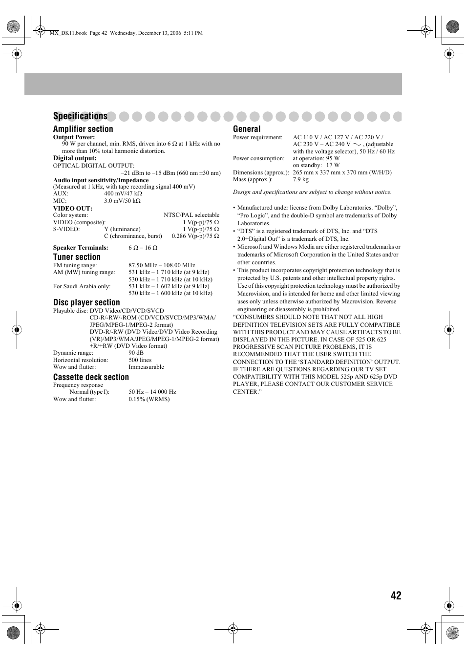 Specifications, General | JVC CA-MXDK11 User Manual | Page 45 / 48