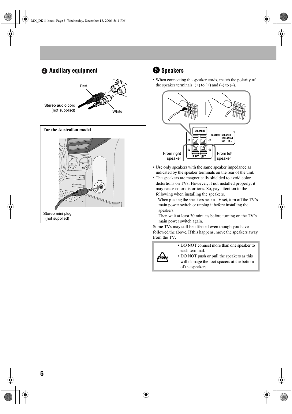 Auxiliary equipment, Speakers | JVC CA-MXDK11 User Manual | Page 8 / 48