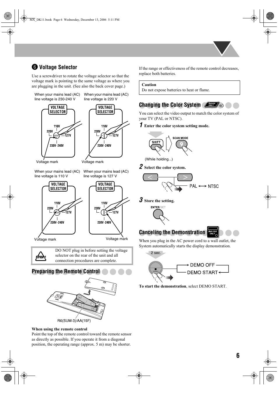 Preparing the remote control, Changing the color system, Canceling the demonstration | Voltage selector | JVC CA-MXDK11 User Manual | Page 9 / 48