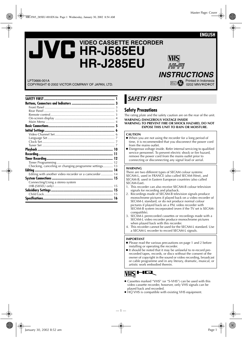 JVC HR-J285EU User Manual | 16 pages