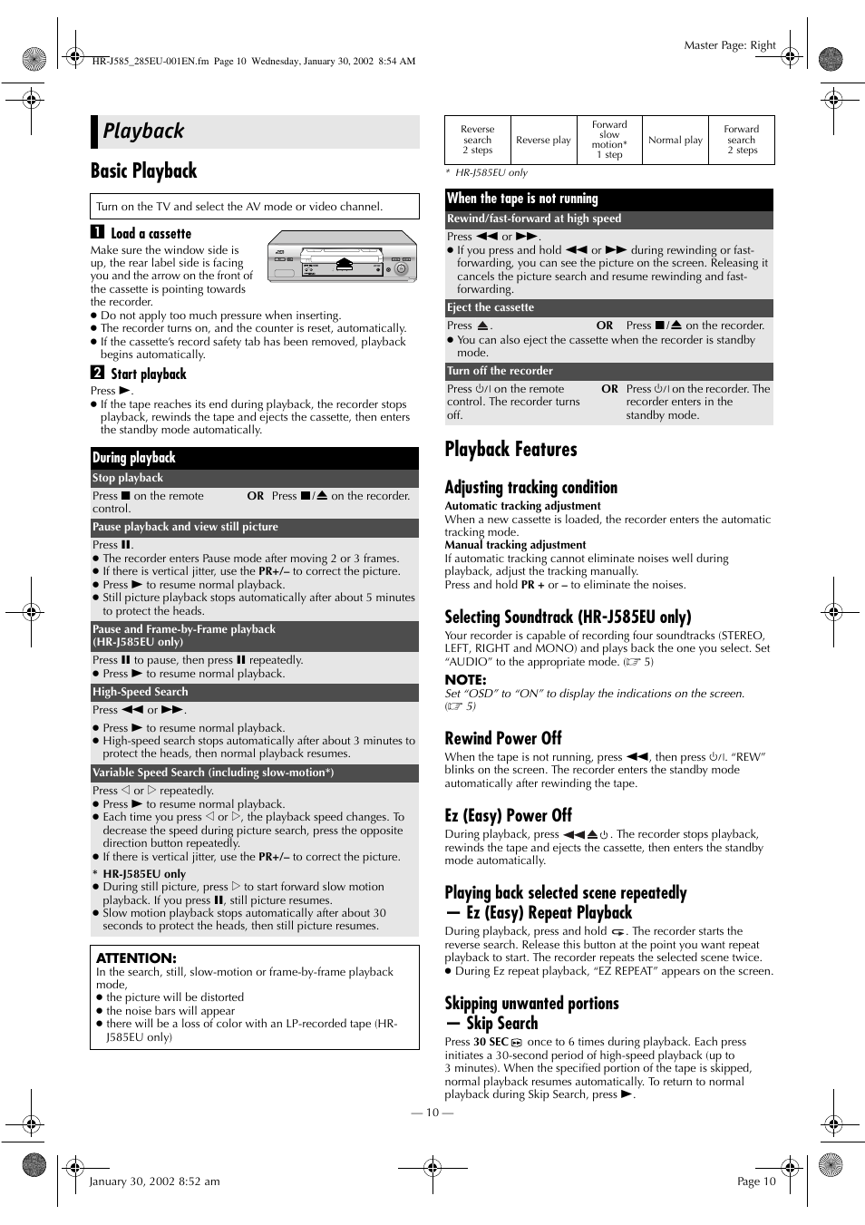 Playback, Basic playback, Playback features | Adjusting tracking condition, Selecting soundtrack (hr-j585eu only), Rewind power off, Ez (easy) power off, Skipping unwanted portions — skip search | JVC HR-J285EU User Manual | Page 10 / 16
