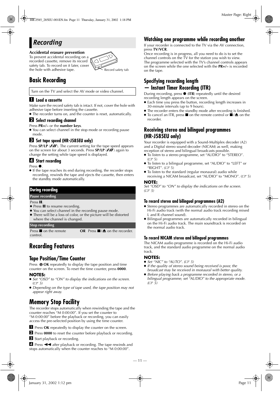 Recording, Basic recording, Recording features | Tape position/time counter, Watching one programme while recording another | JVC HR-J285EU User Manual | Page 11 / 16
