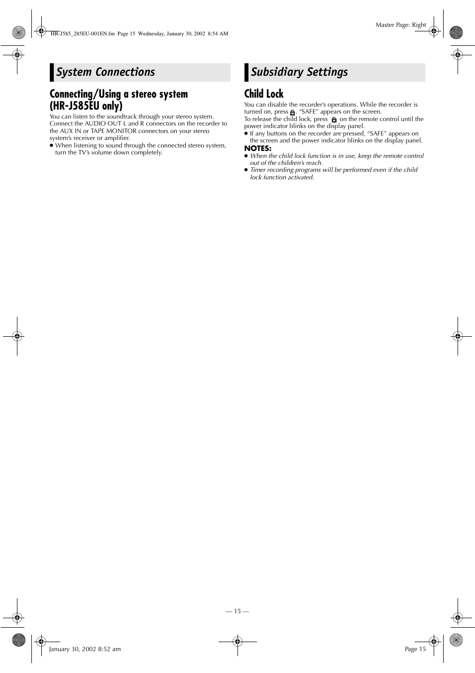 System connections subsidiary settings, Connecting/using a stereo system (hr-j585eu only), Child lock | JVC HR-J285EU User Manual | Page 15 / 16