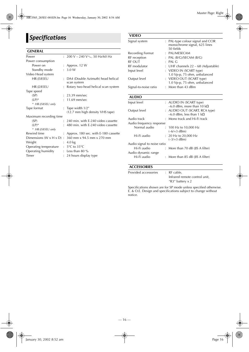 Specifications | JVC HR-J285EU User Manual | Page 16 / 16