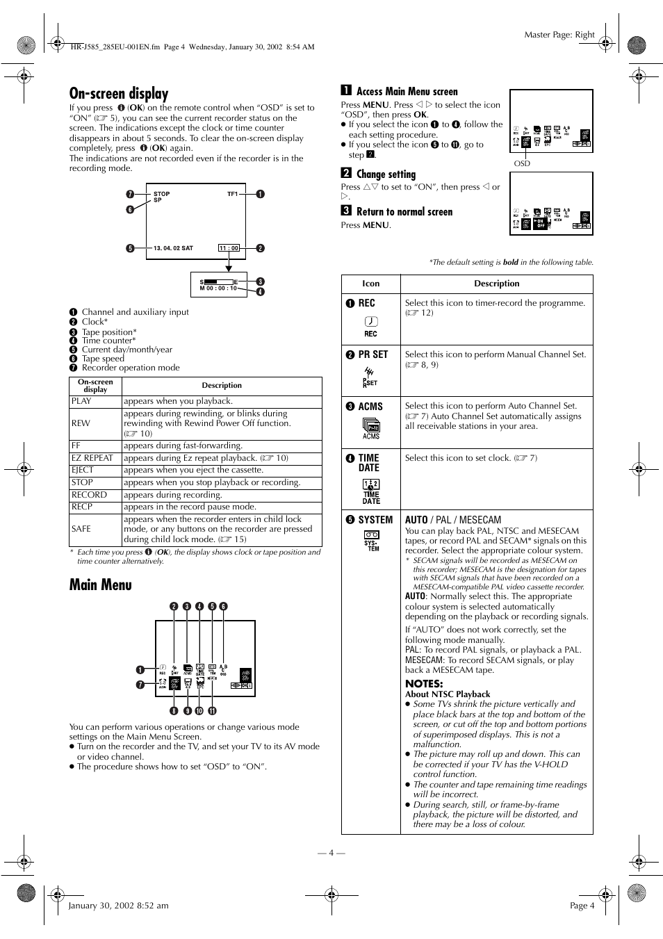 On-screen display, Main menu | JVC HR-J285EU User Manual | Page 4 / 16