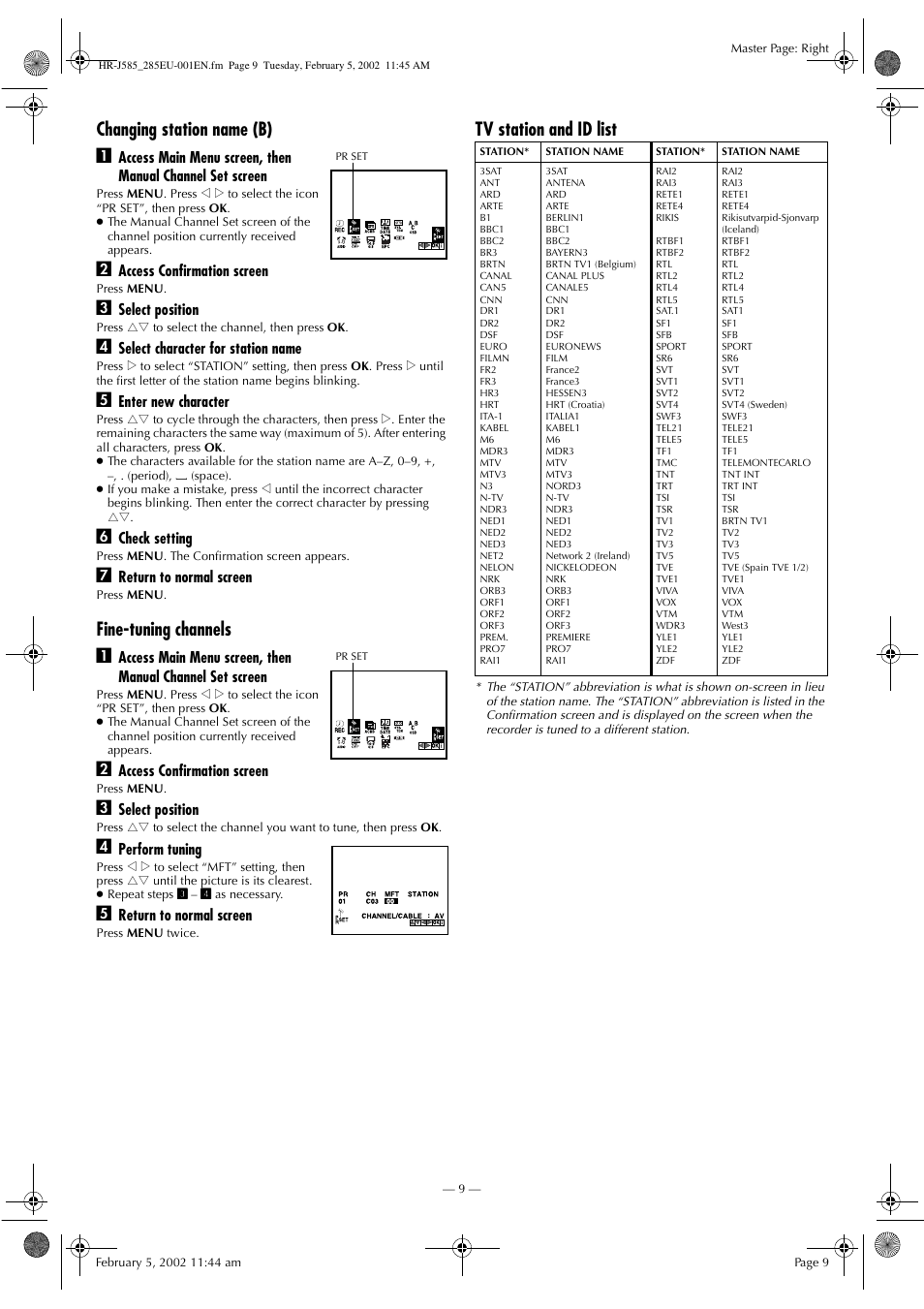 Changing station name (b) a, Fine-tuning channels a, Tv station and id list | JVC HR-J285EU User Manual | Page 9 / 16