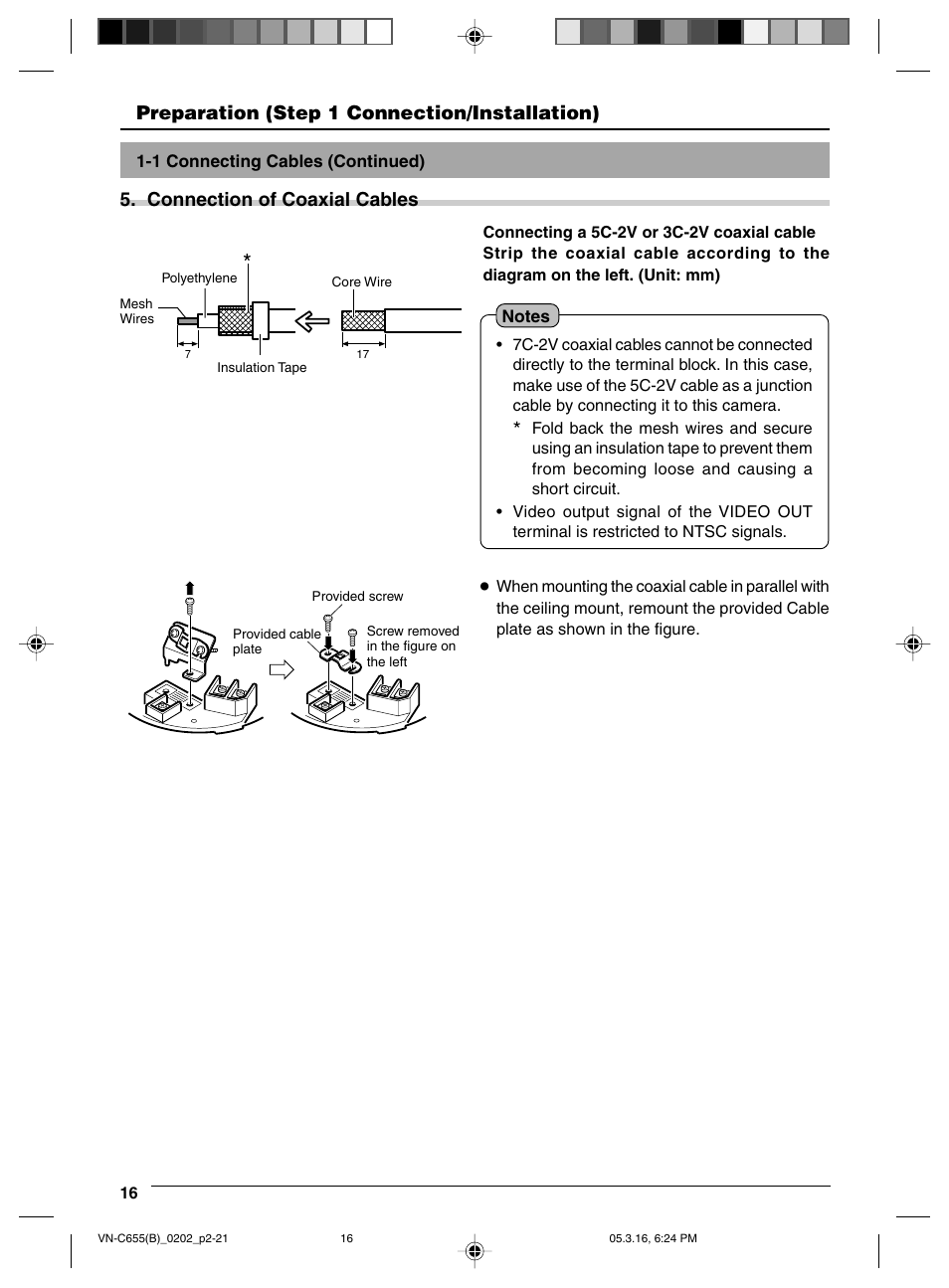 Connection of coaxial cables, Preparation (step 1 connection/installation) | JVC VN-C655 User Manual | Page 16 / 36