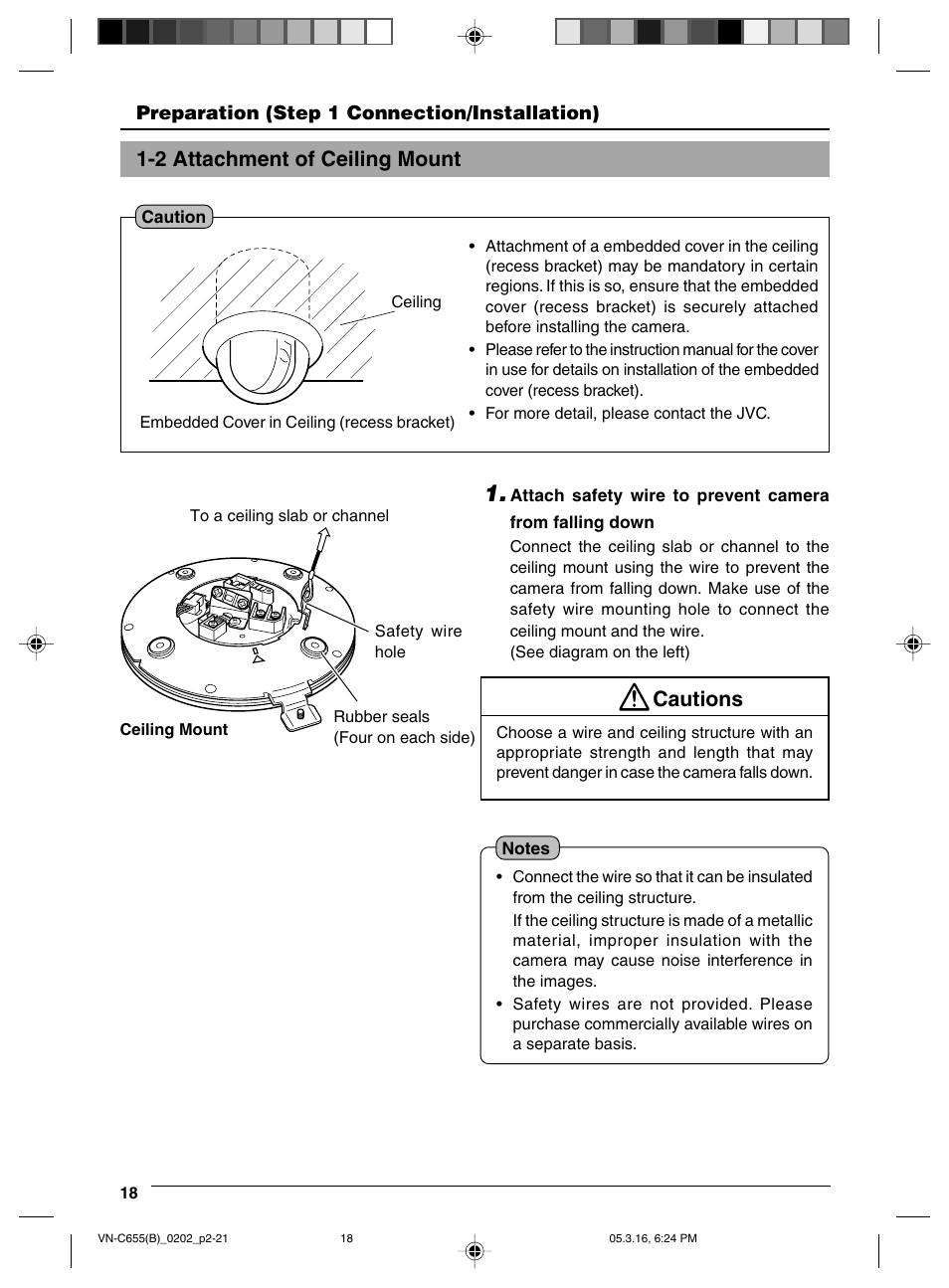 2 attachment of ceiling mount, Cautions | JVC VN-C655 User Manual | Page 18 / 36