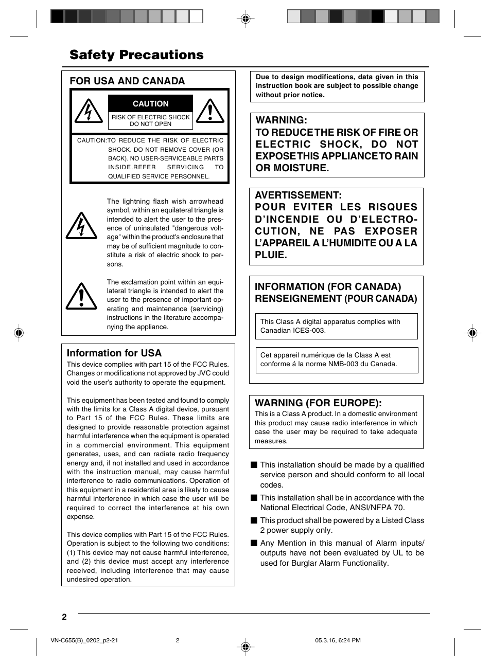 Safety precautions, For usa and canada information for usa, Warning (for europe) | JVC VN-C655 User Manual | Page 2 / 36