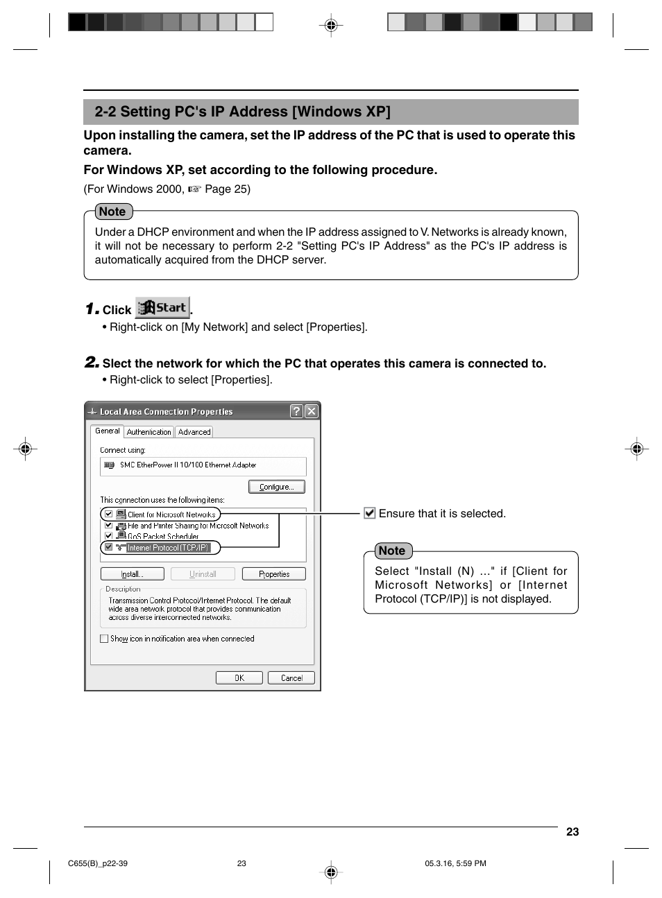 2 setting pc's ip address [windows xp | JVC VN-C655 User Manual | Page 23 / 36