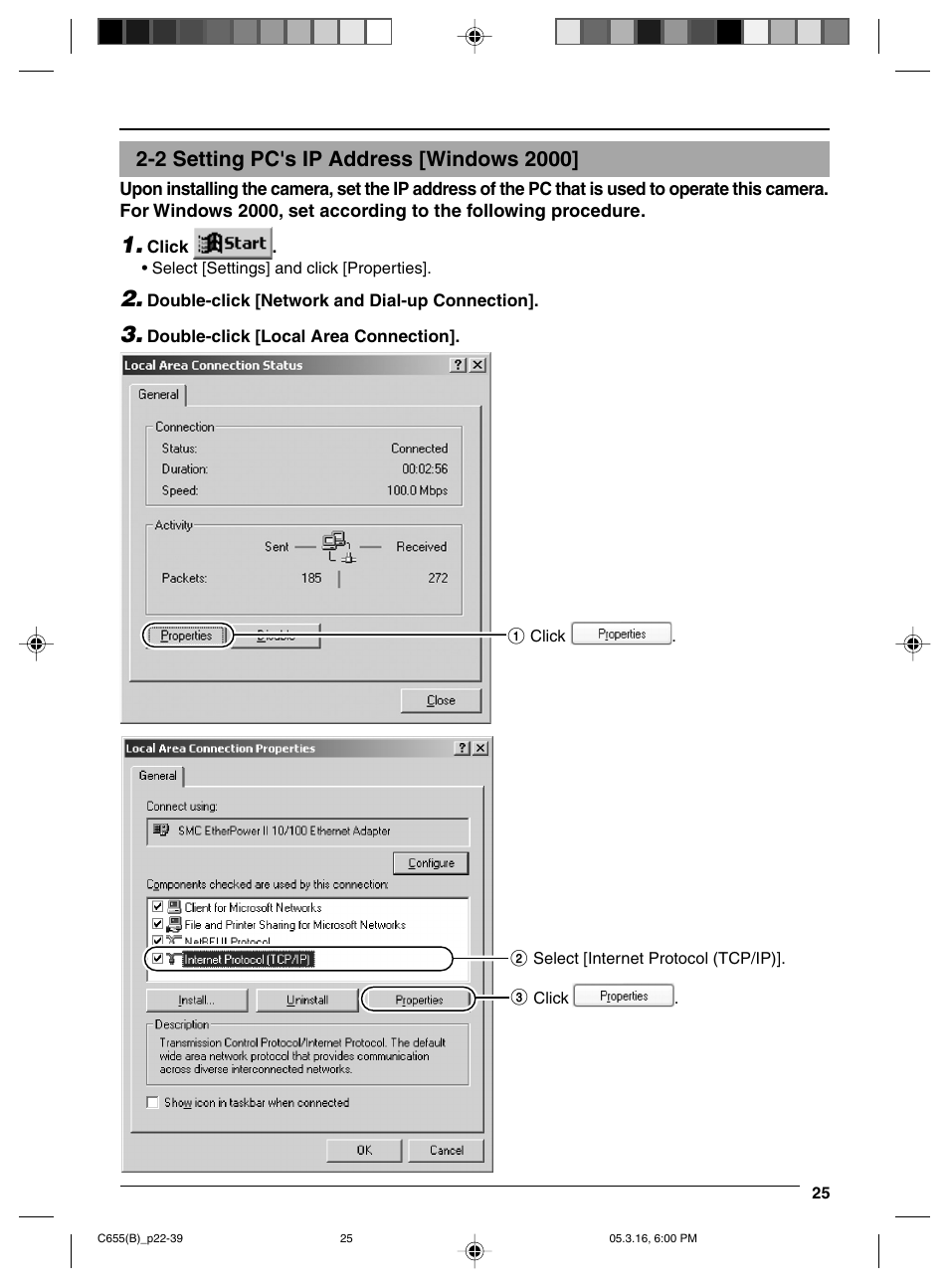 2 setting pc's ip address [windows 2000 | JVC VN-C655 User Manual | Page 25 / 36