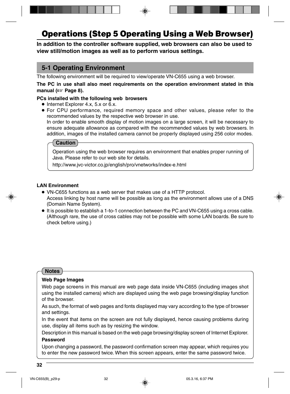 Operations, Step 5 operating using a web browser, 1 operating environment | Operations (step 5 operating using a web browser) | JVC VN-C655 User Manual | Page 32 / 36