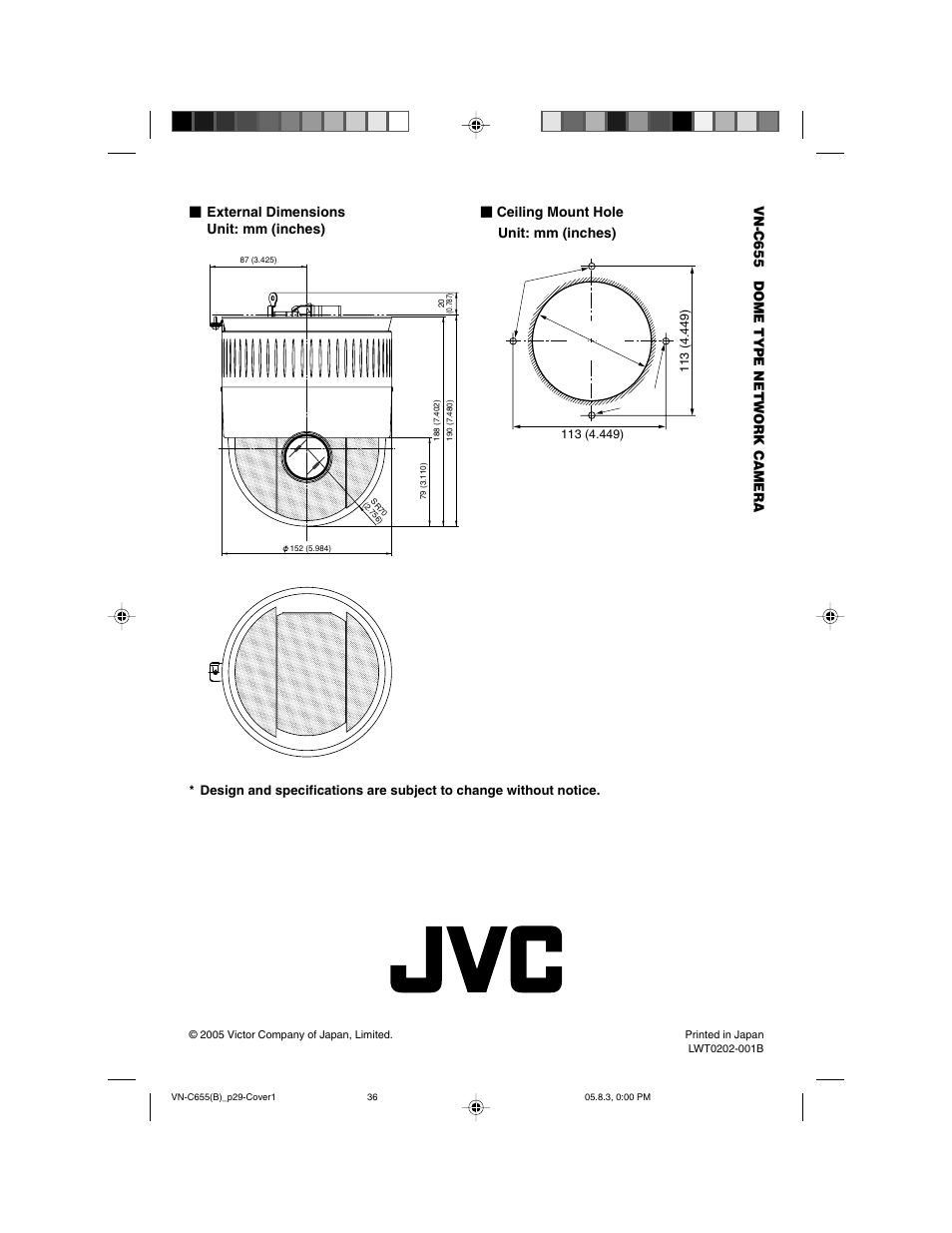 External dimensions unit: mm (inches), Ceiling mount hole unit: mm (inches), Vn-c655 dome type network camera | JVC VN-C655 User Manual | Page 36 / 36