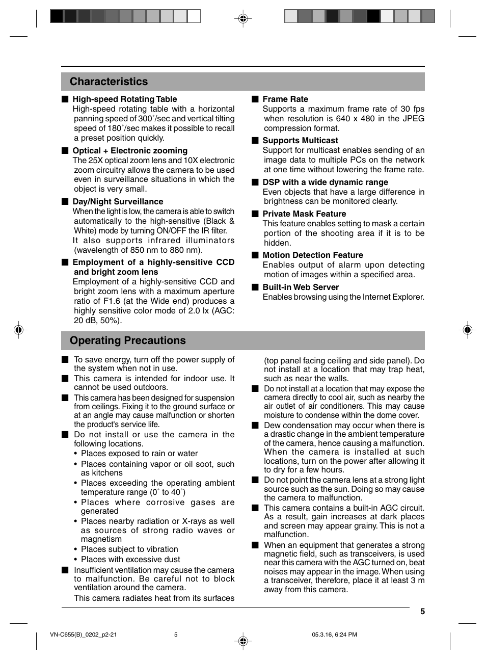 Characteristics, Operating precautions | JVC VN-C655 User Manual | Page 5 / 36