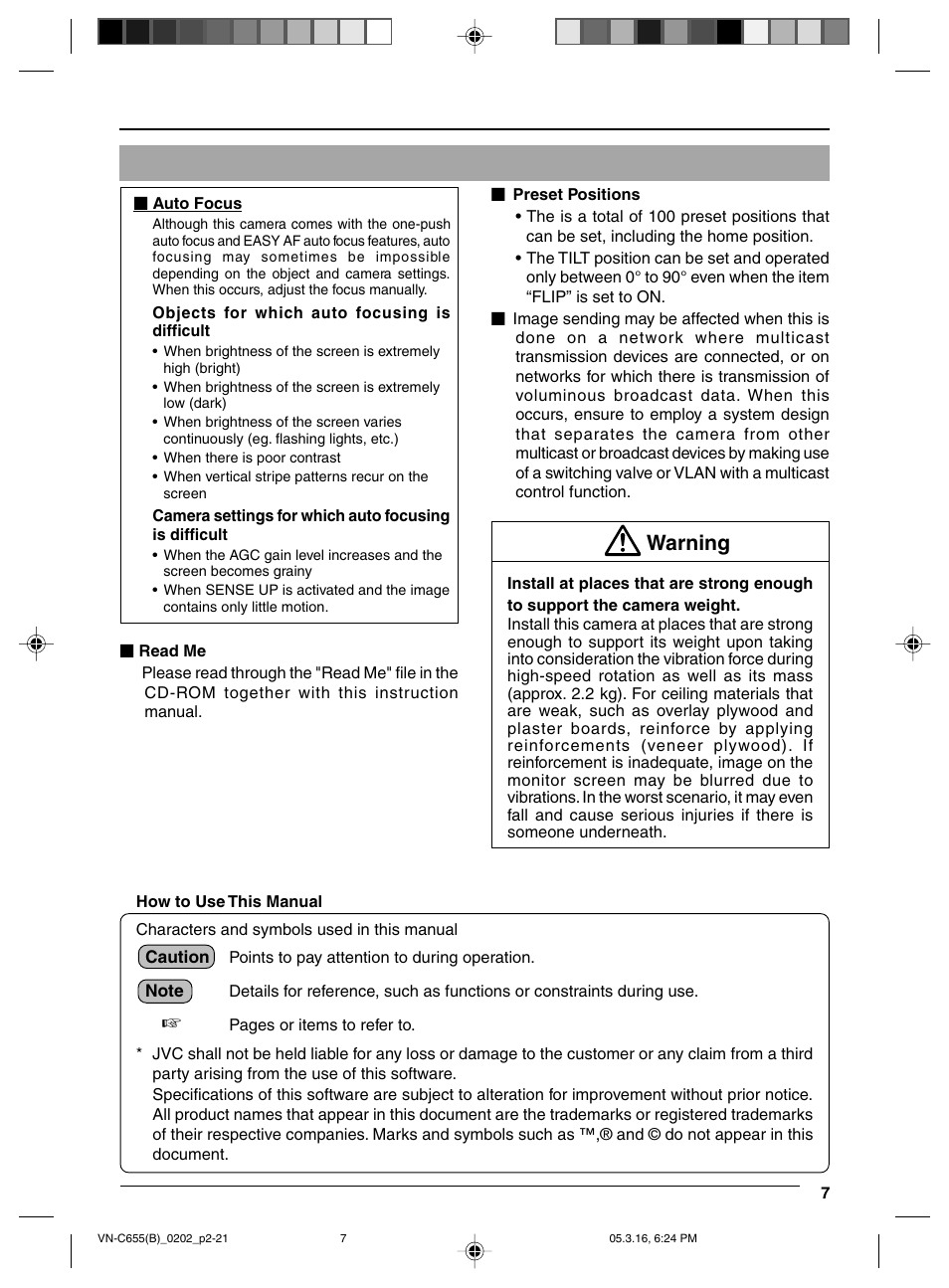 Warning | JVC VN-C655 User Manual | Page 7 / 36