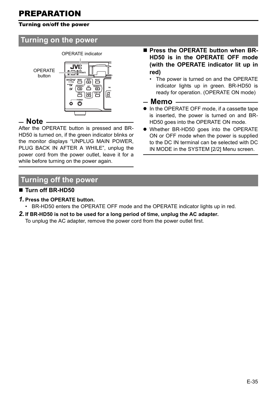 Preparation, Turning on the power, Turning off the power | JVC BR-HD50E User Manual | Page 39 / 92