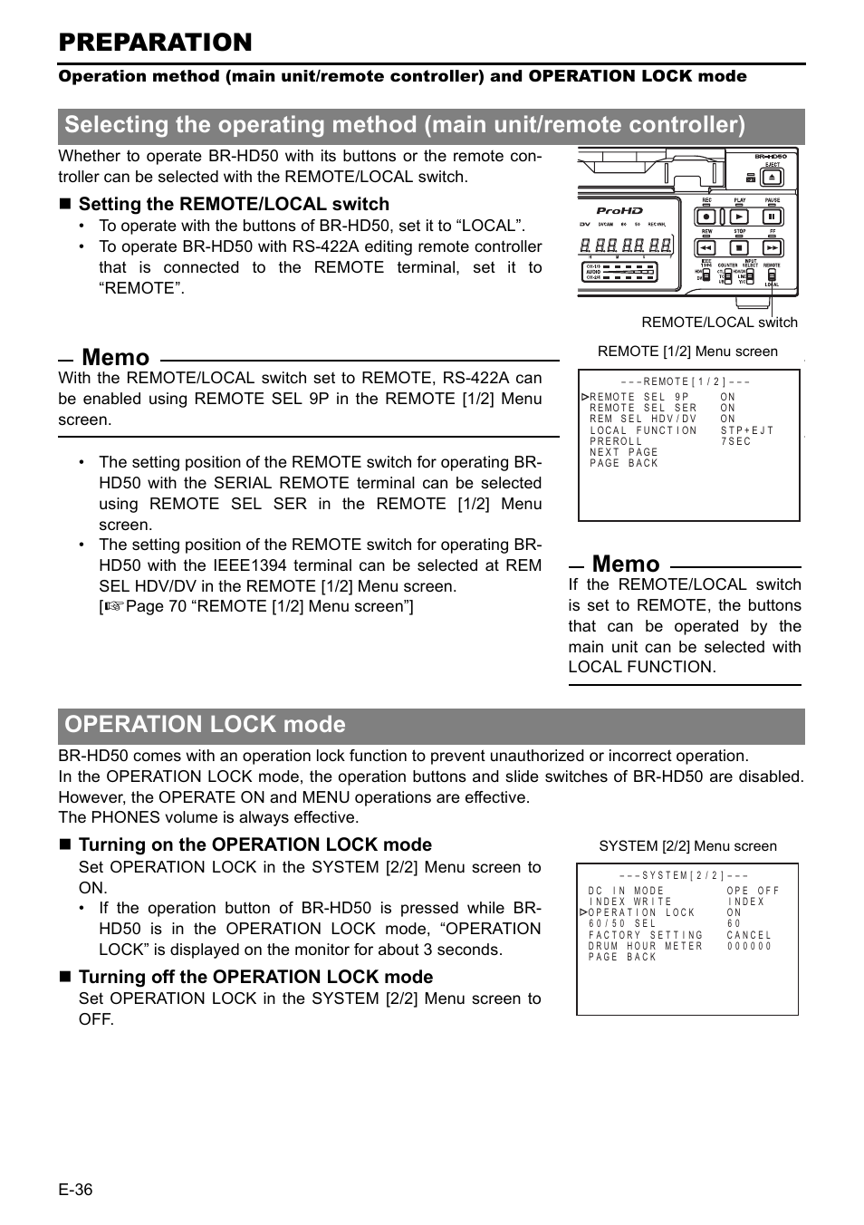 Preparation, Setting the remote/local switch, Turning on the operation lock mode | Turning off the operation lock mode | JVC BR-HD50E User Manual | Page 40 / 92