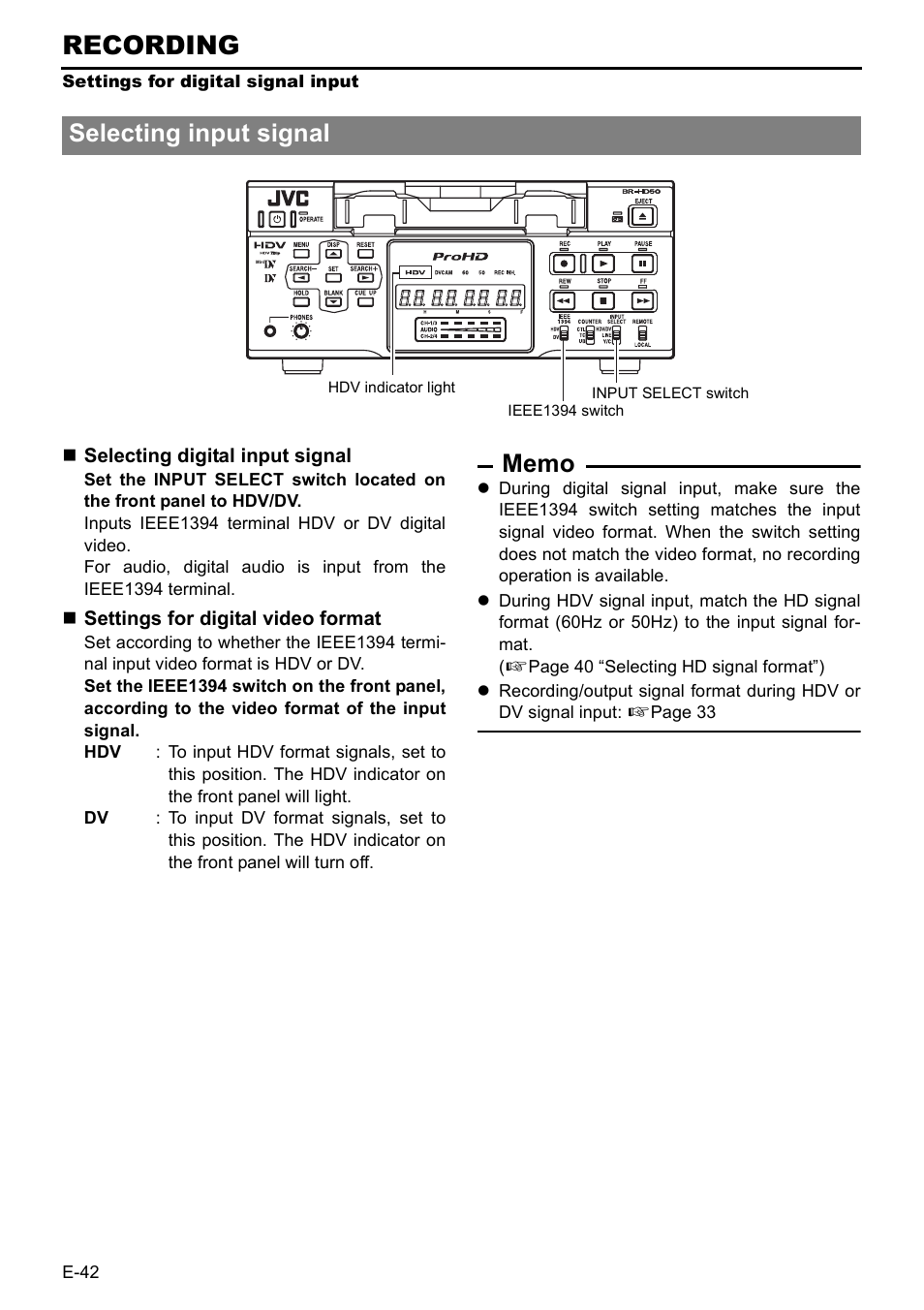 Recording, Selecting input signal | JVC BR-HD50E User Manual | Page 46 / 92