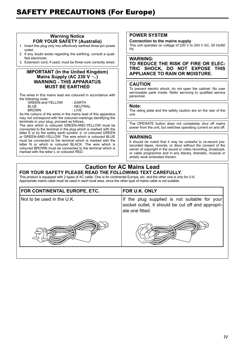 Safety precautions (for europe), Caution for ac mains lead | JVC BR-HD50E User Manual | Page 5 / 92