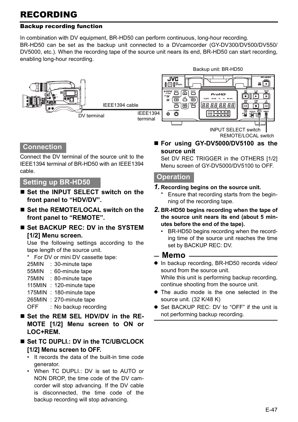 Recording, Connection setting up br-hd50 operation | JVC BR-HD50E User Manual | Page 51 / 92
