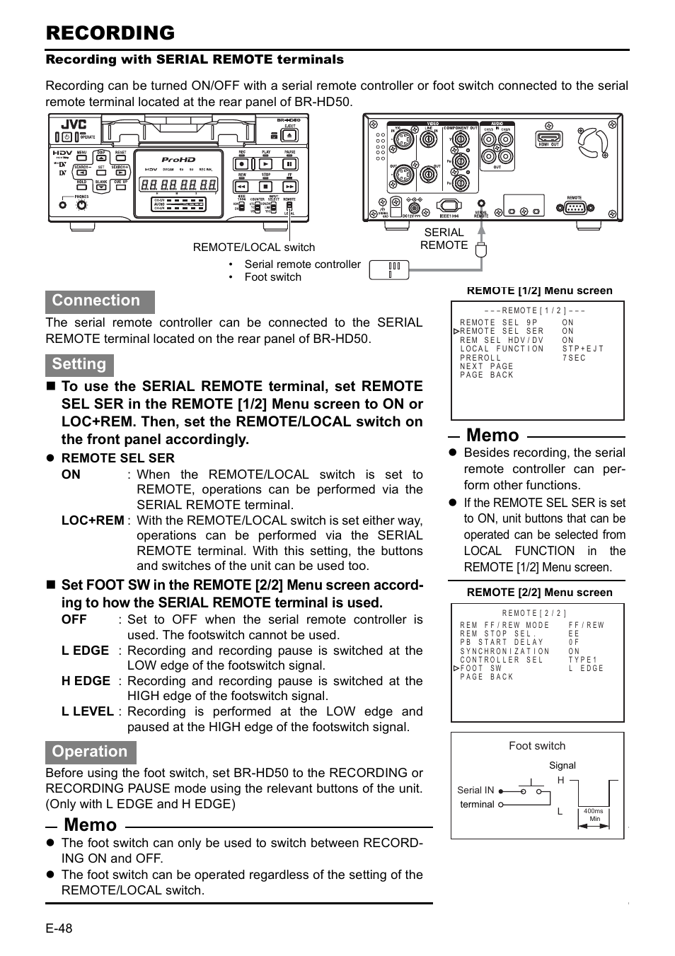 Recording, Connection setting operation | JVC BR-HD50E User Manual | Page 52 / 92