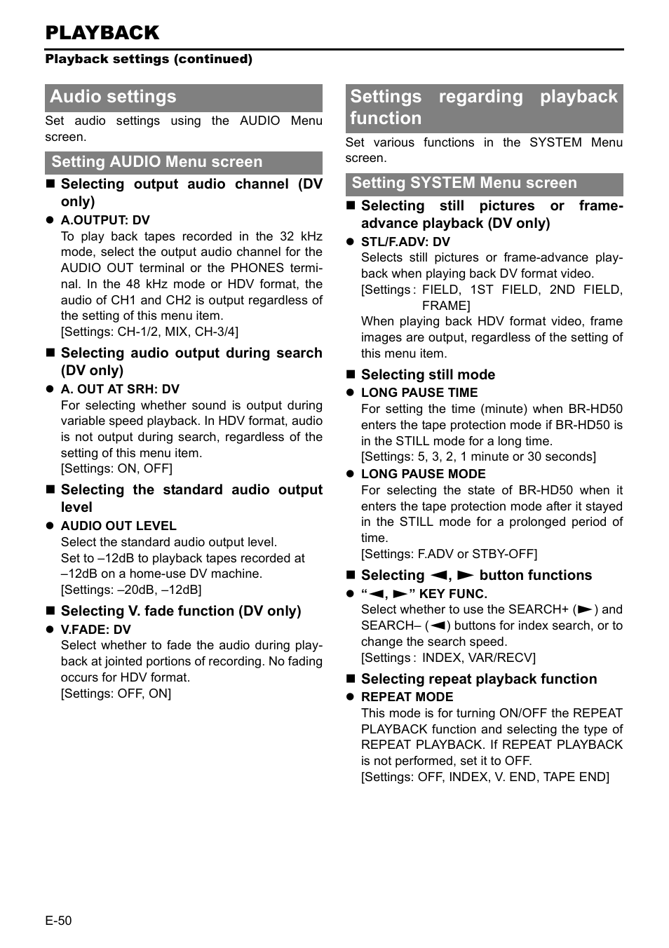 Playback, Audio settings, Settings regarding playback function | JVC BR-HD50E User Manual | Page 54 / 92