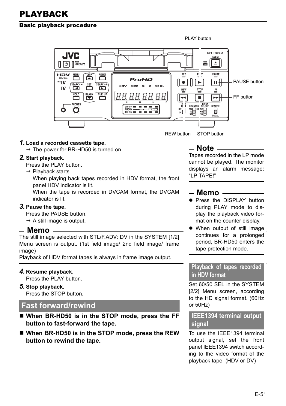 Playback, Fast forward/rewind | JVC BR-HD50E User Manual | Page 55 / 92