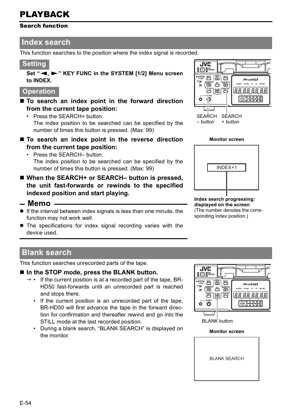 Playback, Index search, Blank search | Setting operation | JVC BR-HD50E User Manual | Page 58 / 92