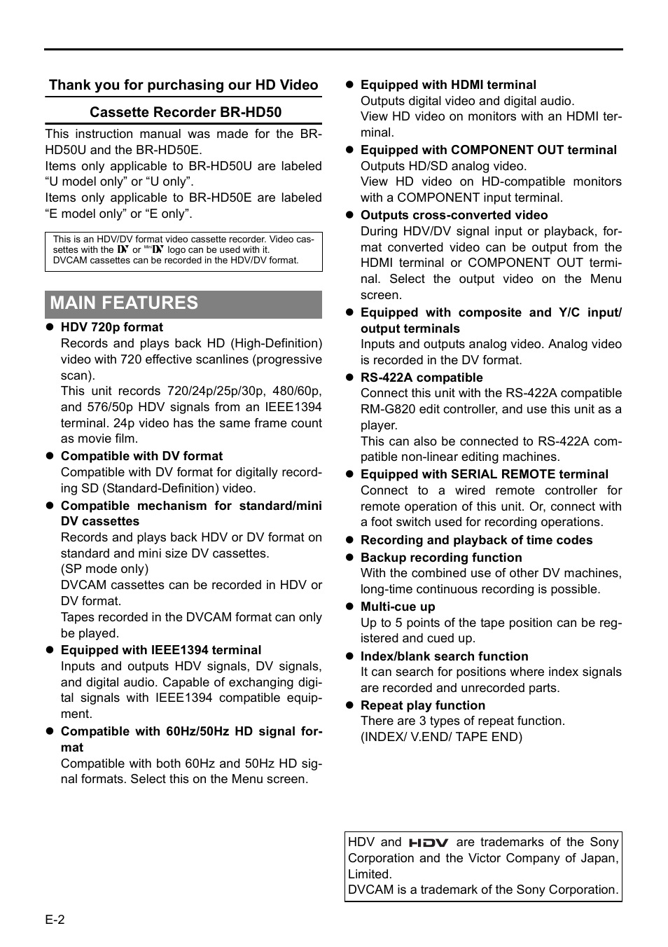 Main features | JVC BR-HD50E User Manual | Page 6 / 92