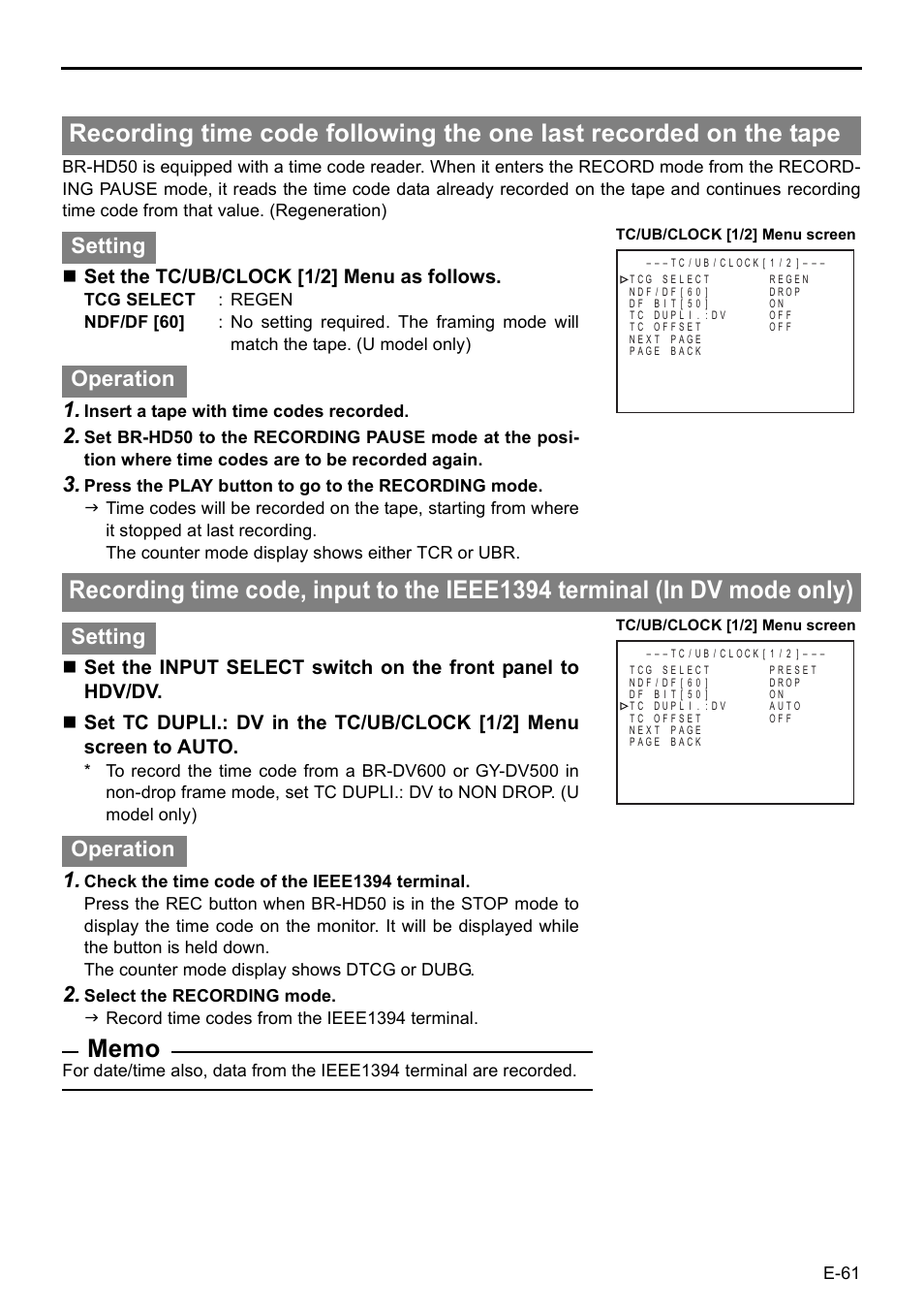 Setting operation, Set the tc/ub/clock [1/2] menu as follows, Insert a tape with time codes recorded | JVC BR-HD50E User Manual | Page 65 / 92