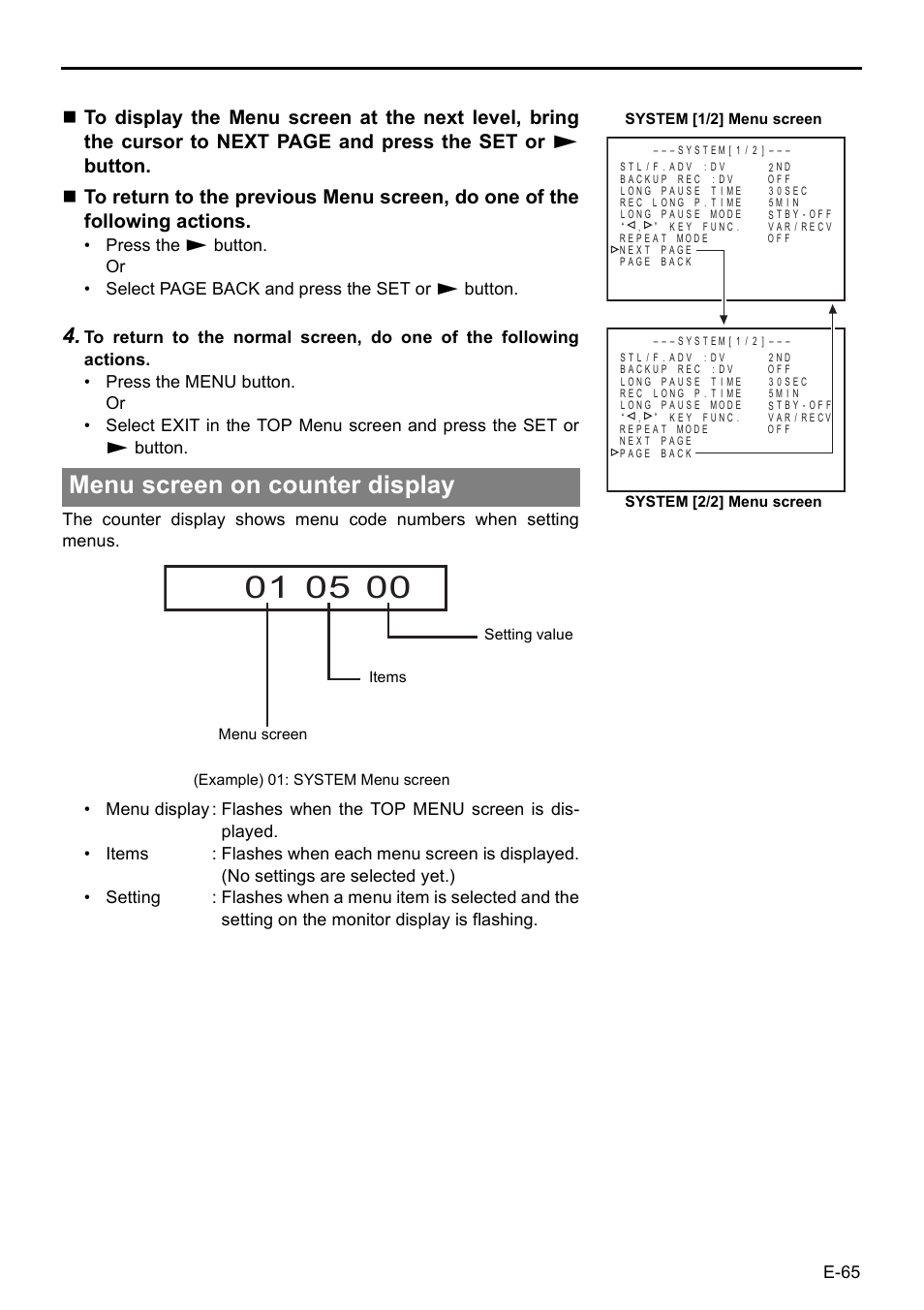 Menu screen on counter display, E-65 | JVC BR-HD50E User Manual | Page 69 / 92