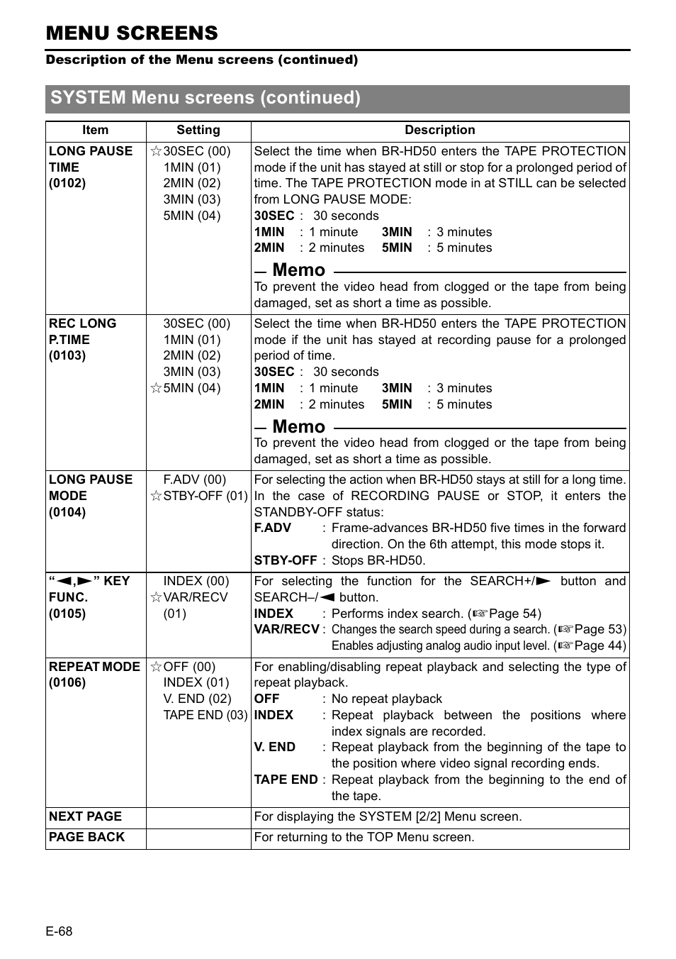 Menu screens, System menu screens (continued) | JVC BR-HD50E User Manual | Page 72 / 92