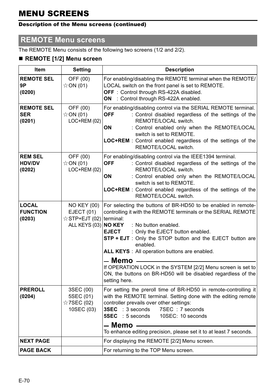 Menu screens, Remote menu screens | JVC BR-HD50E User Manual | Page 74 / 92