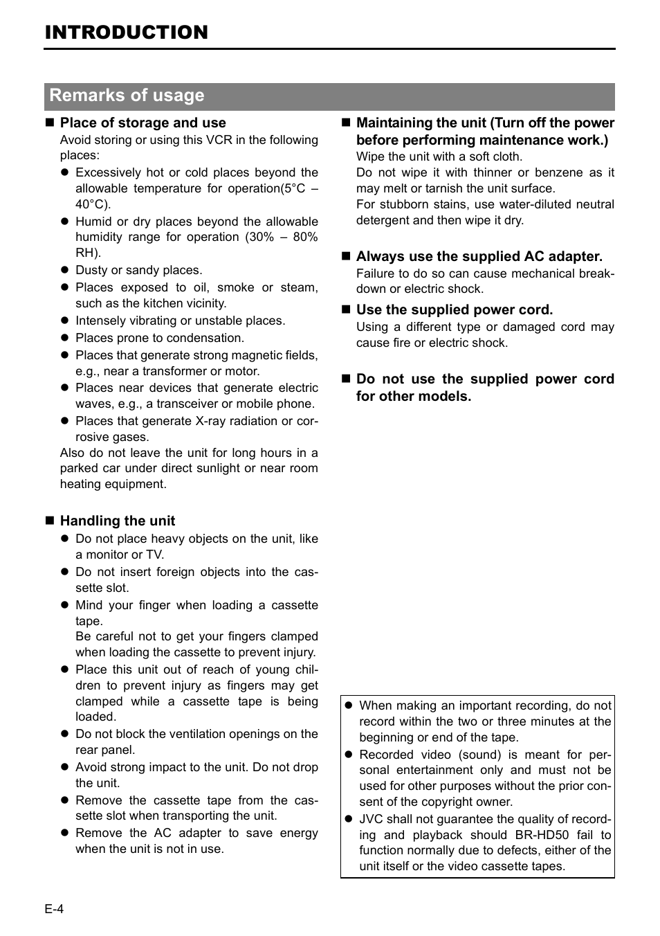 Introduction, Remarks of usage | JVC BR-HD50E User Manual | Page 8 / 92
