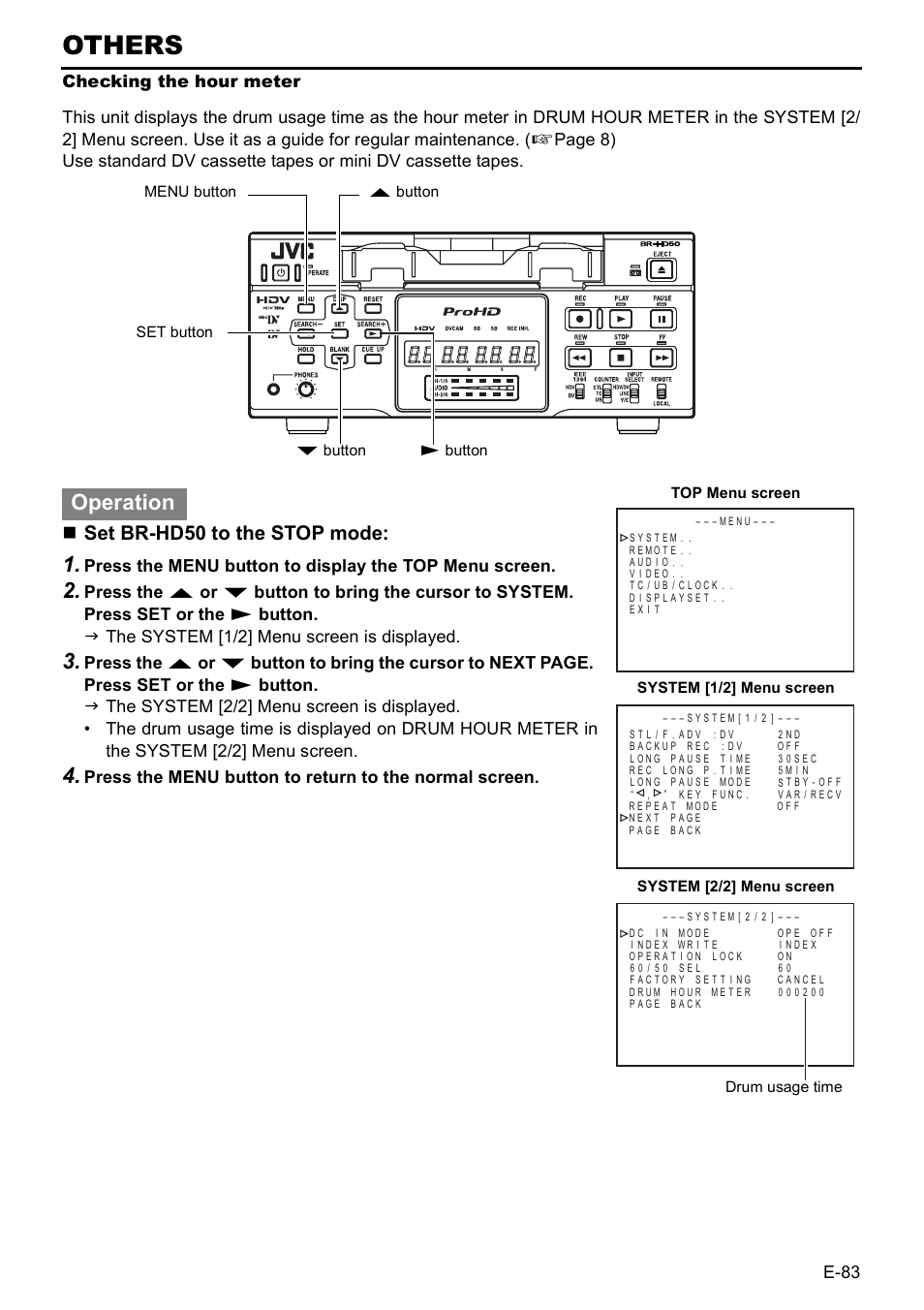 Others, Operation, Set br-hd50 to the stop mode | E-83 | JVC BR-HD50E User Manual | Page 87 / 92