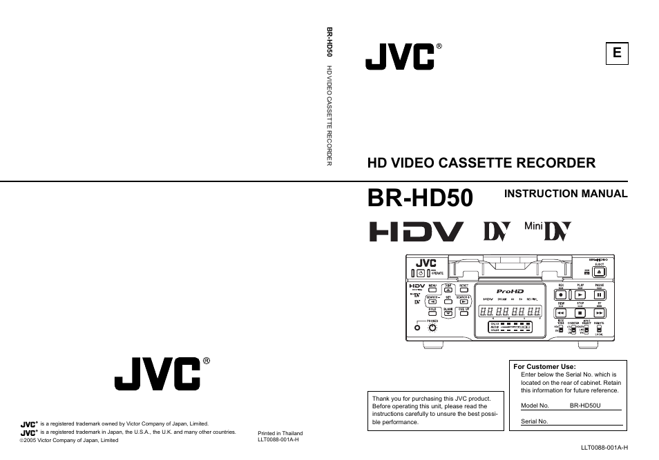 Br-hd50, Ehd video cassette recorder, Instruction manual | JVC BR-HD50E User Manual | Page 92 / 92