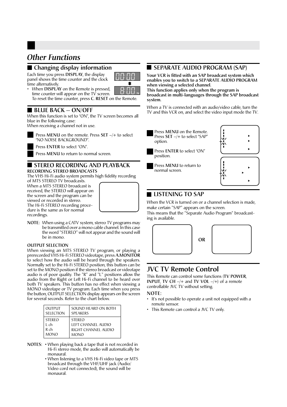 Other functions, Jvc tv remote control, Changing display information | Blue back — on/off, 12 3 separate audio program (sap), Listening to sap, Stereo recording and playback | JVC HR-J6009UM  EN User Manual | Page 11 / 14