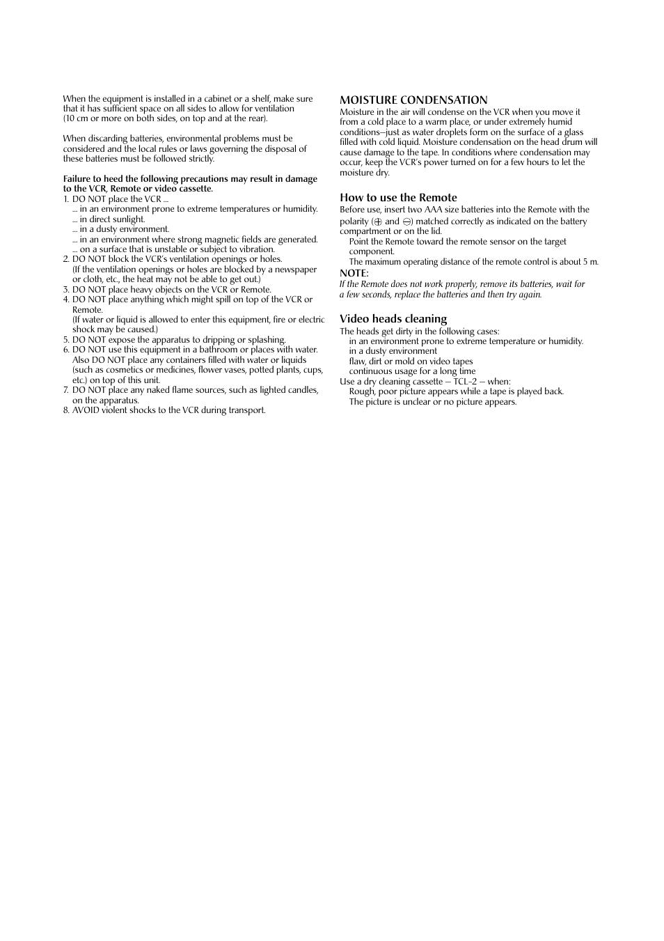 Moisture condensation, How to use the remote, Video heads cleaning | JVC HR-J6009UM  EN User Manual | Page 2 / 14