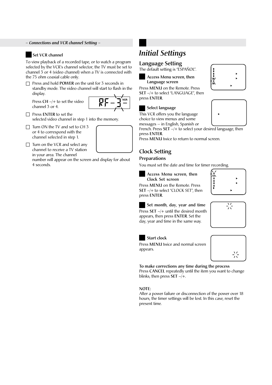 Initial settings, 4language setting, Clock setting | Preparations | JVC HR-J6009UM  EN User Manual | Page 5 / 14