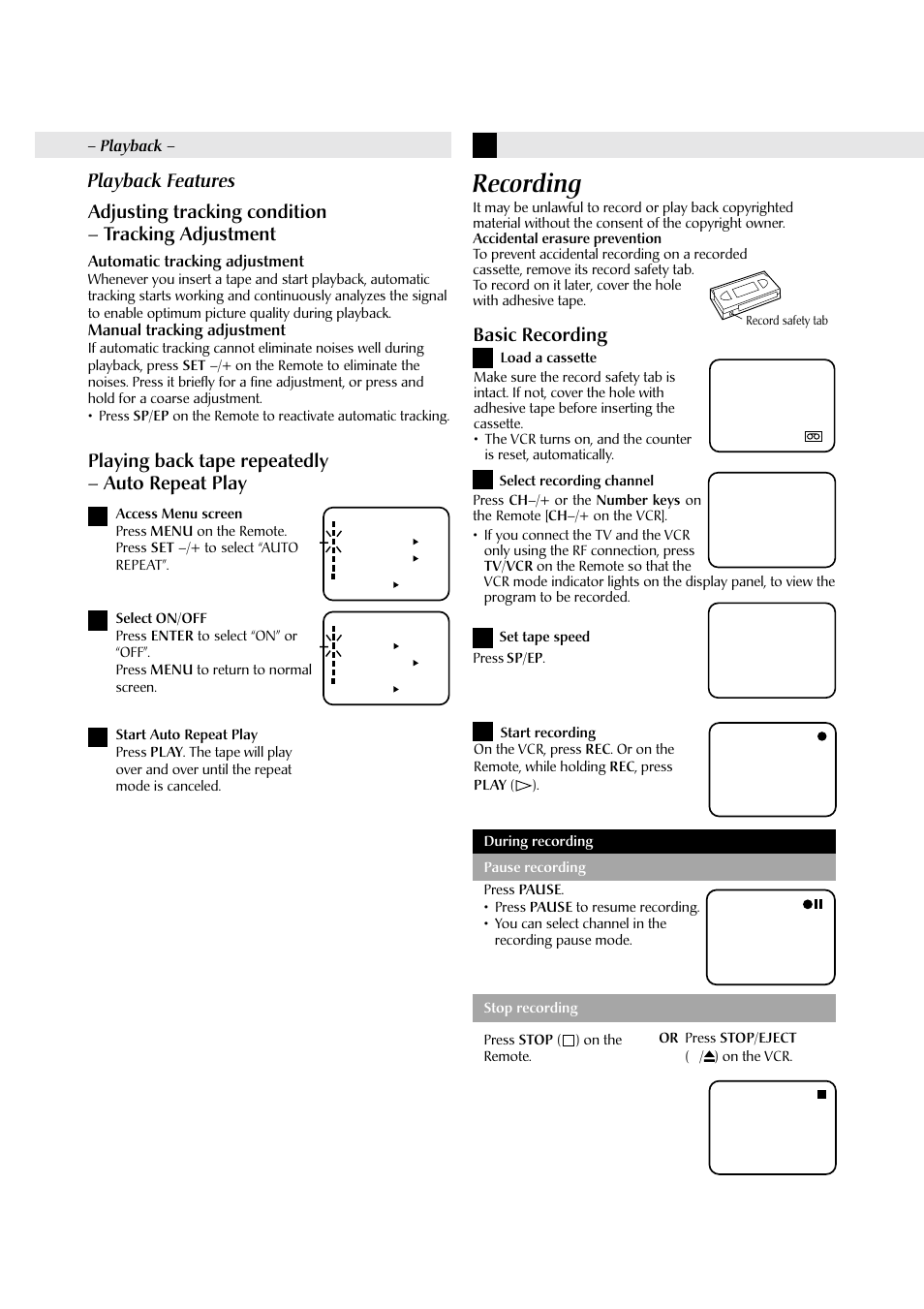Recording, Adjusting tracking condition – tracking adjustment, Playing back tape repeatedly – auto repeat play | 3playback features, Basic recording, Automatic tracking adjustment, Manual tracking adjustment, Playback | JVC HR-J6009UM  EN User Manual | Page 8 / 14