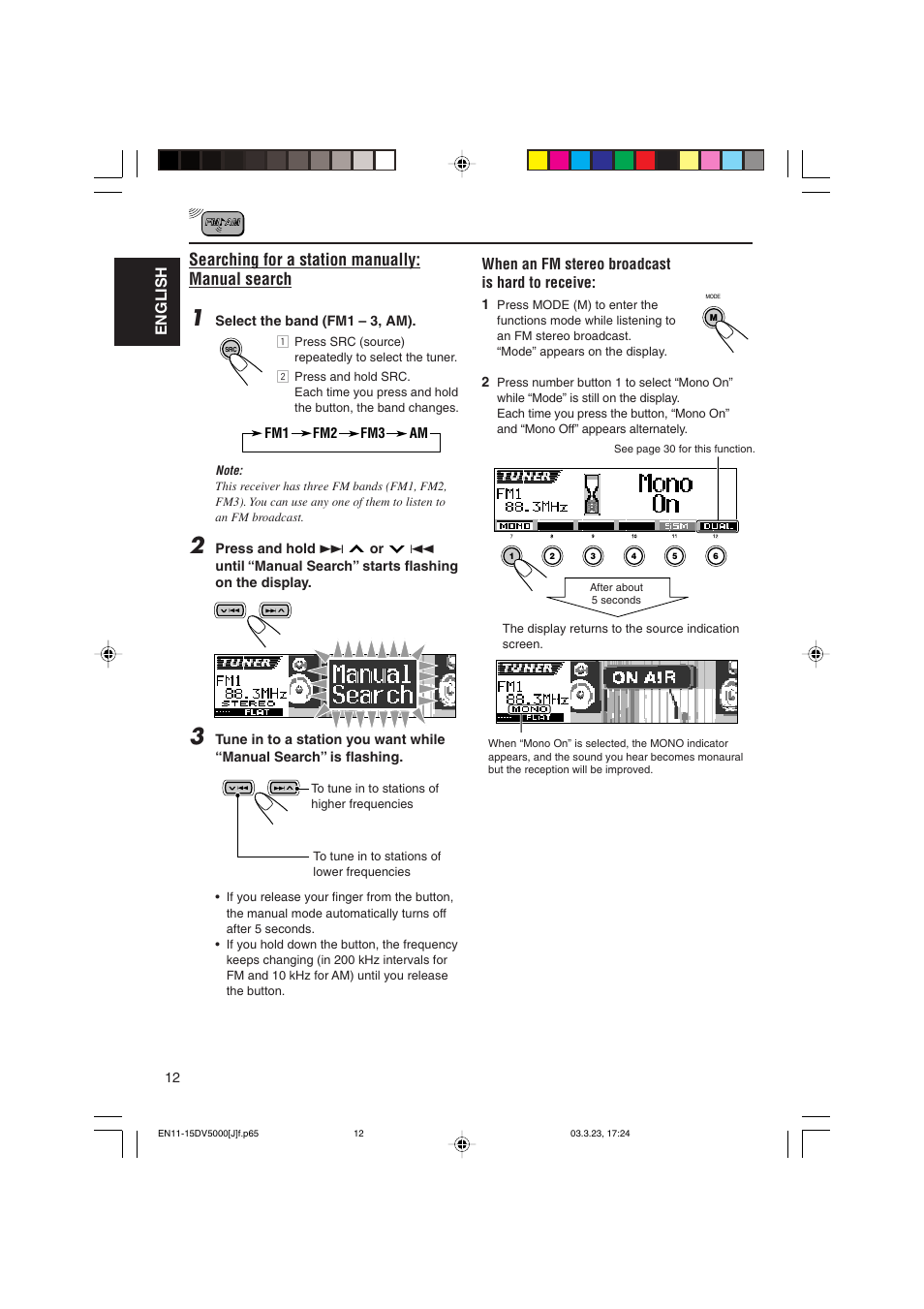 Searching for a station manually: manual search, English, When an fm stereo broadcast is hard to receive | JVC KD-DV5000 User Manual | Page 12 / 82