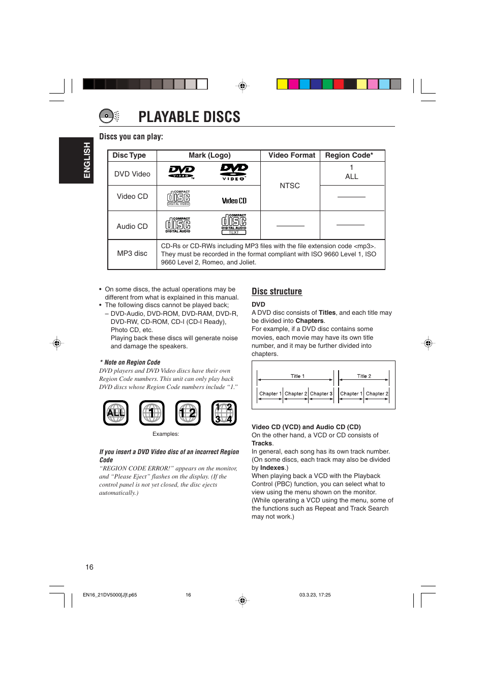 Playable discs, Disc structure | JVC KD-DV5000 User Manual | Page 16 / 82