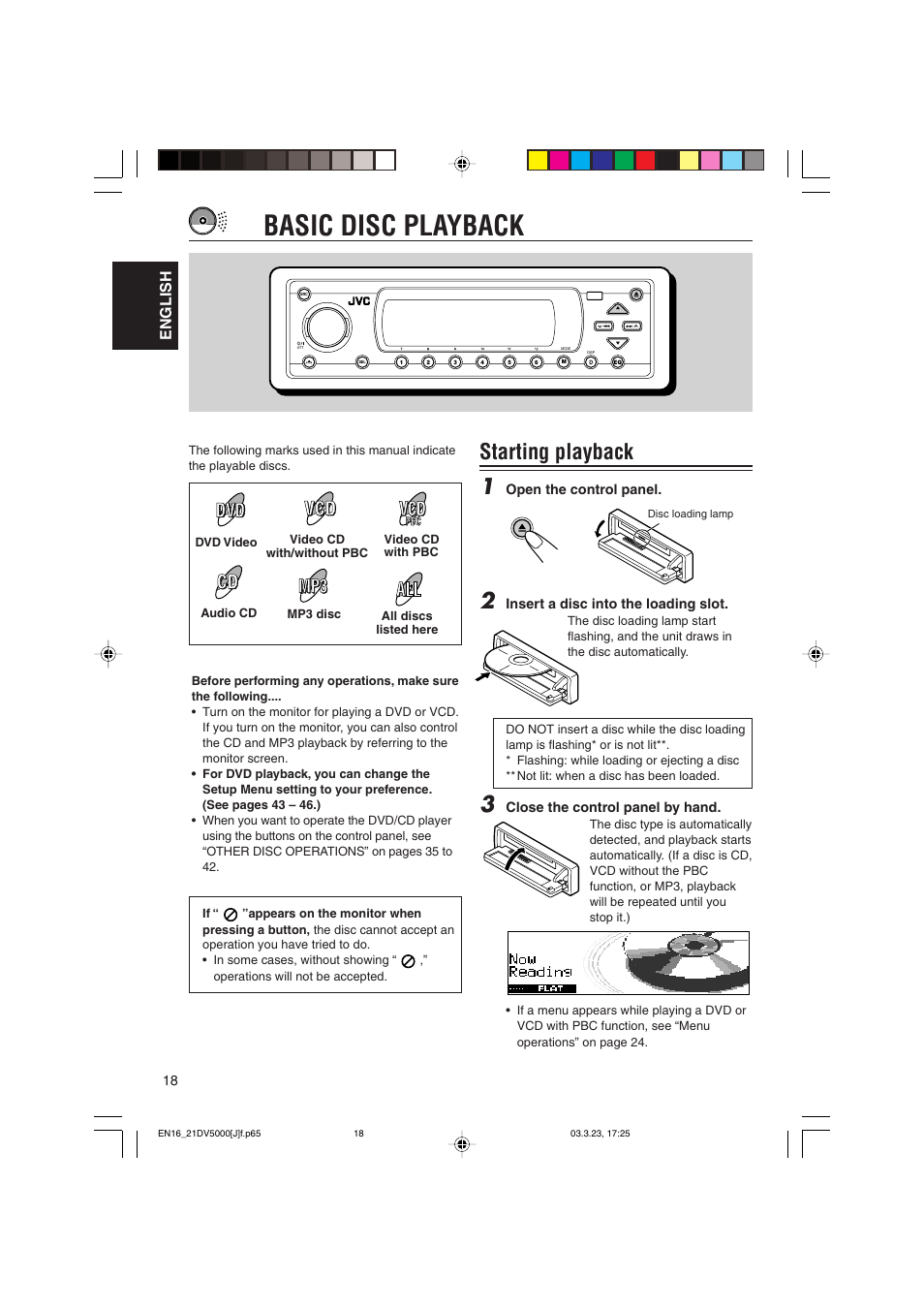 Basic disc playback, Starting playback 1, English | JVC KD-DV5000 User Manual | Page 18 / 82