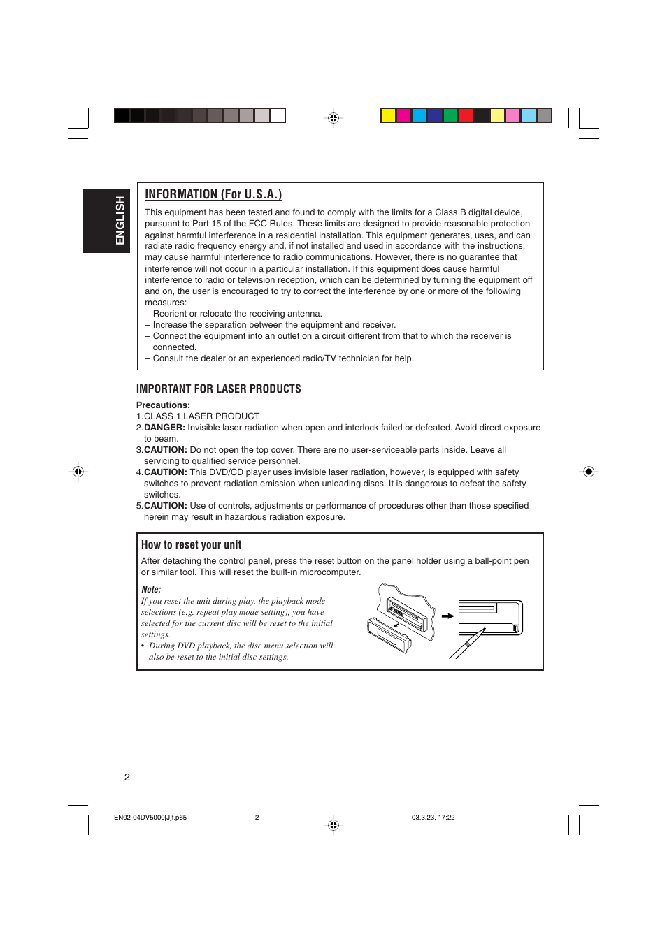 Information, Information (for u.s.a.), English | Important for laser products, How to reset your unit | JVC KD-DV5000 User Manual | Page 2 / 82