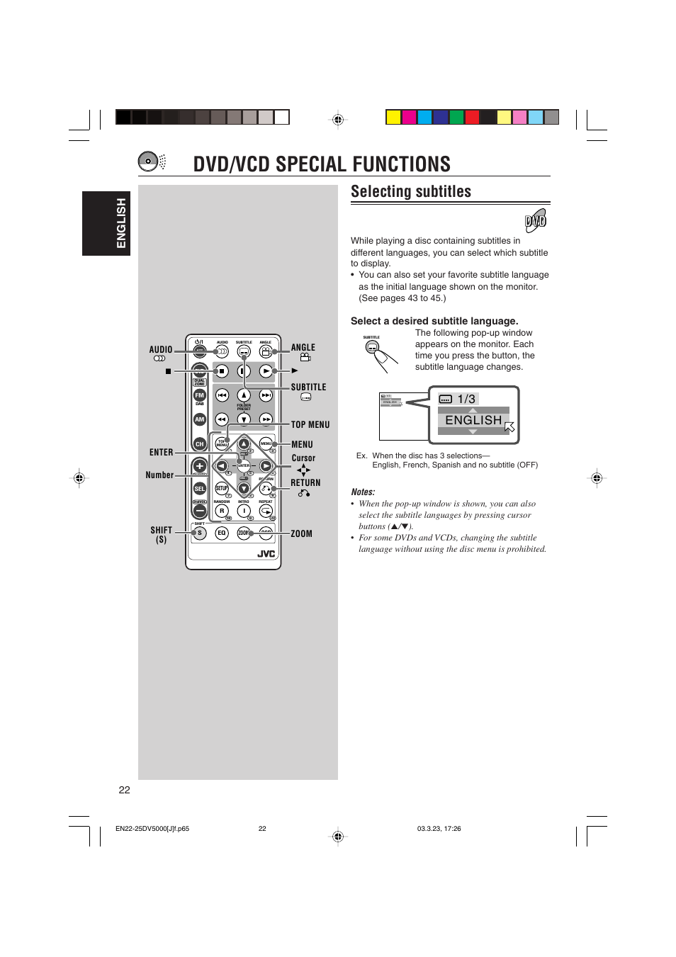 Dvd/vcd special functions, Selecting subtitles, English | Select a desired subtitle language | JVC KD-DV5000 User Manual | Page 22 / 82