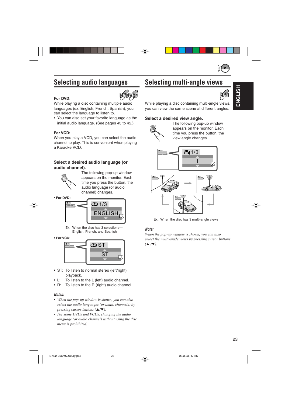 Selecting audio languages, Selecting multi-angle views, English | Select a desired audio language (or audio channel), Select a desired view angle | JVC KD-DV5000 User Manual | Page 23 / 82