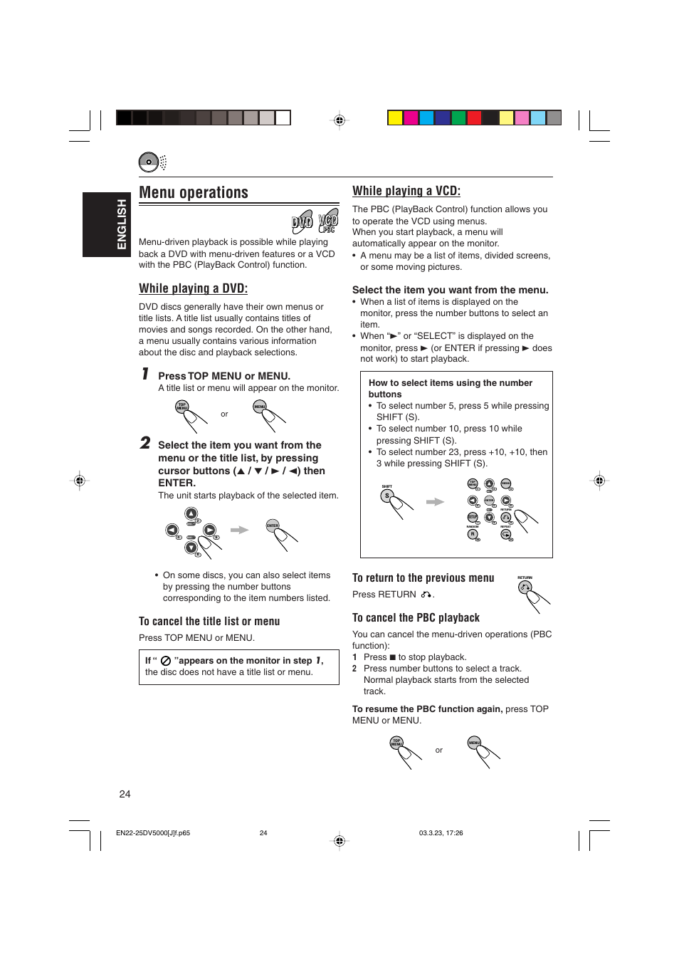 Menu operations, While playing a vcd, While playing a dvd | English, Select the item you want from the menu, Press top menu or menu | JVC KD-DV5000 User Manual | Page 24 / 82