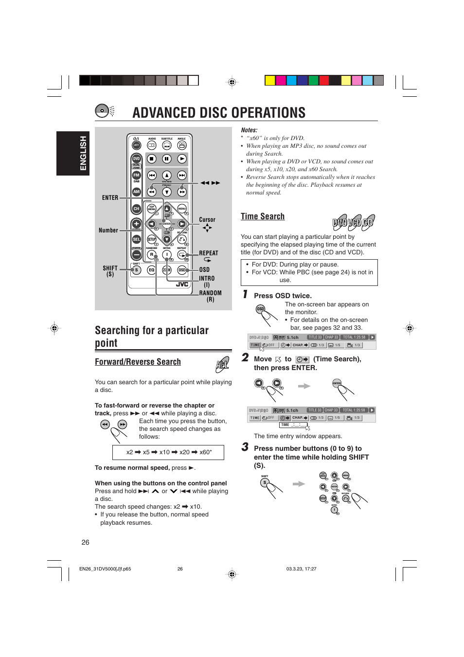 Advanced disc operations, Searching for a particular point, Time search | Forward/reverse search, English, Press osd twice, Move to (time search), then press enter, The time entry window appears | JVC KD-DV5000 User Manual | Page 26 / 82