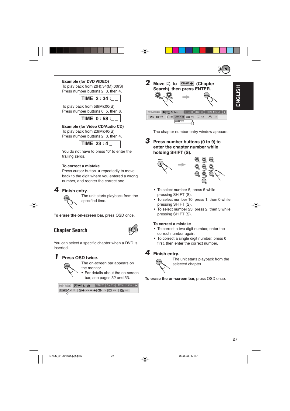 Chapter search, English, Time 2 : 34 | Time 0 : 58, Time 23 : 4, Move to, Chapter search), then press enter, Finish entry, Press osd twice | JVC KD-DV5000 User Manual | Page 27 / 82