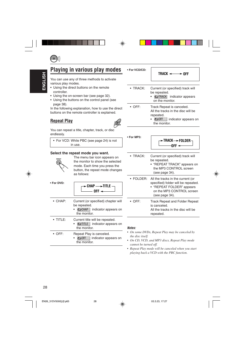 Playing in various play modes, Repeat play, English | JVC KD-DV5000 User Manual | Page 28 / 82